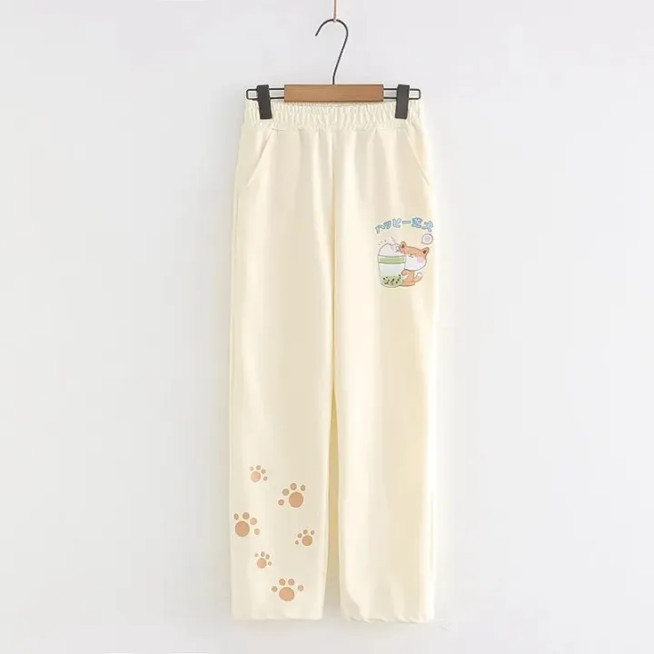 New%20Girls'%20High%20Waist%20Cat%20Printed%20Pocket%20Sweatpants%20Color-Beige%20-%20Image%202
