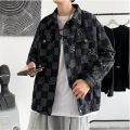 Korean Style Men Graphic Jean Jacket Mens Fashion Checkerboard Plaid Denim Jacket Spring and Autumn Loose crago Jackets. 