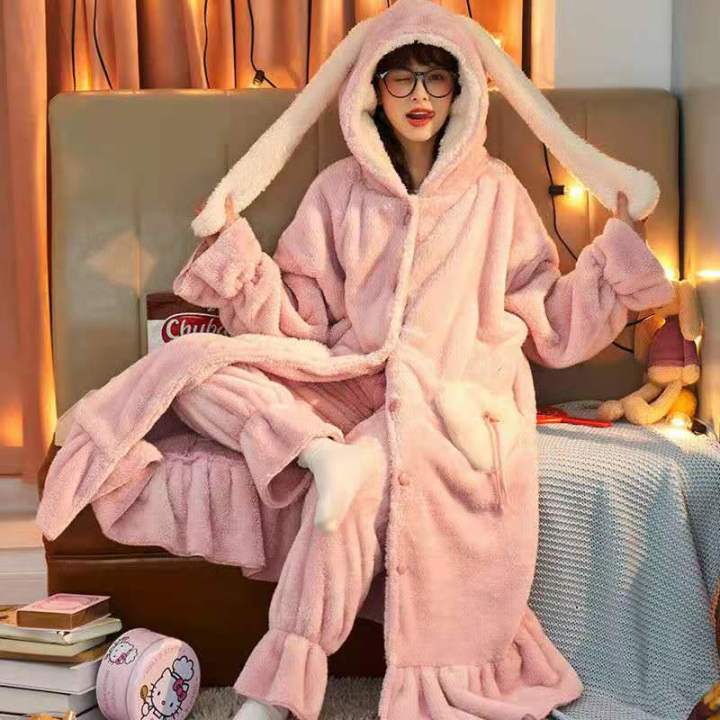 Autumn%20Winter%20Pajamas%20Sets%20For%20Women%20Flannel%20Thick%20Warm%20%20Hooded%20Nightgown%20Plush%20Coral%20Fleece%20Sleepwear%20Long%20Sleeve%20Home%20Clothes%20-%20Image%203