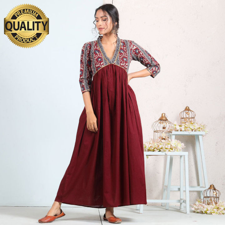 Maroon%20V%20Neck%20Gathered%20Dress%20(%20Full%20Stitch%20Dress%20)%20k49%20-%20Image%209