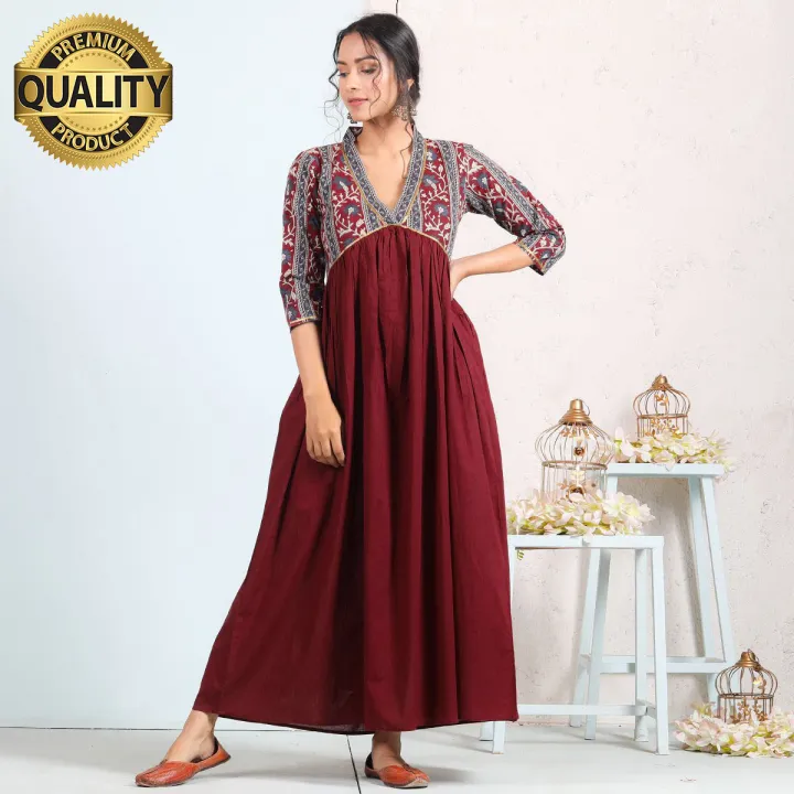 Maroon%20V%20Neck%20Gathered%20Dress%20(%20Full%20Stitch%20Dress%20)%20k49%20-%20Image%209