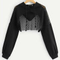 Women Mesh Split See Through Crop Top Hoodie Sweatshirt Long Sleeve Pullover.