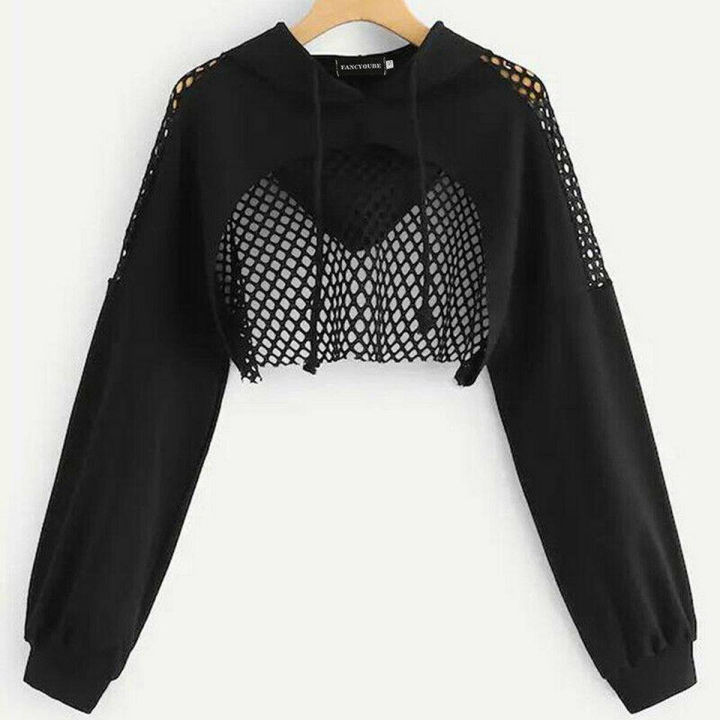 Women Mesh Split See Through Crop Top Hoodie Sweatshirt Long