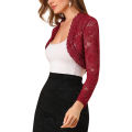 Women Floral Lace Cardigan, Adults See-through Scalloped Long Sleeve Crop Tops (Black, White, Red). 