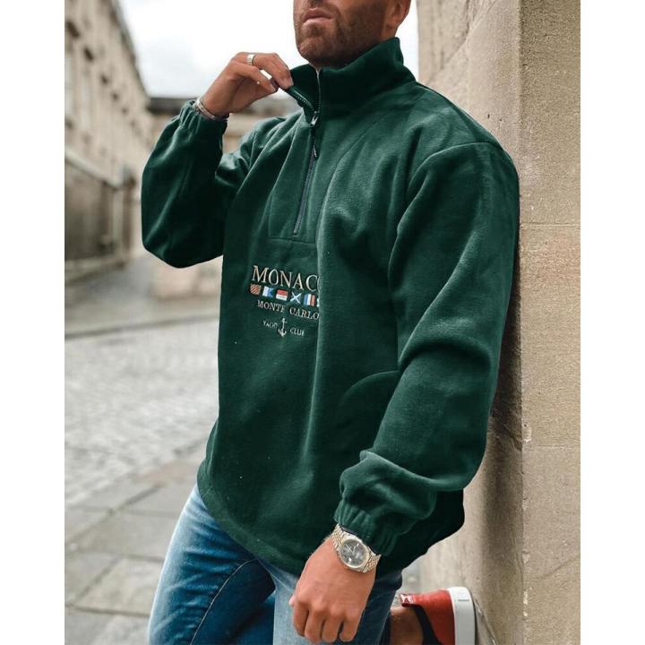 Letter & National Flag Embroidery Long Sleeve Polar Fleece Polo Sweatshirt S-3XL