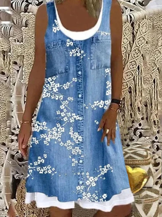 European and American Women's Clothing Loose Fashion Digital Printing Fake Two-Piece Imitation Denim Dress Female