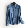 Autumn Women Lapel Button Blue Long Sleeves Denim Jean Shirts Pocket Slim Jeans tops Blouse Plus Size blusas mujer. 