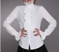 Fashion Autumn Tops Victorian Womens Tops Ruffles Long Sleeve Frill Solid Color OL Office Shirt Frilly Cuffs High Neck Blouse.