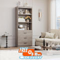 Tall Storage Cabinet, Bookcase with 3 Drawers and 3-Tier Open Shelves, Wooden Bookshelf Storage Organizer for Living Room, Study, Kitchen, Home Office, Ash Grey 72/24.