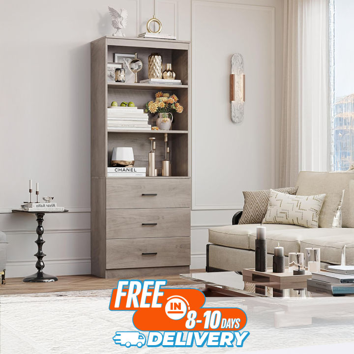 Tall Storage Cabinet, Bookcase with 3 Drawers and 3-Tier Open Shelves, Wooden Bookshelf Storage Organizer for Living Room, Study, Kitchen, Home Office, Ash Grey 72/24