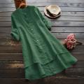 Women Casual Loose Linen Soild Button Long Sleeve Long Shirt Blouse Tops.