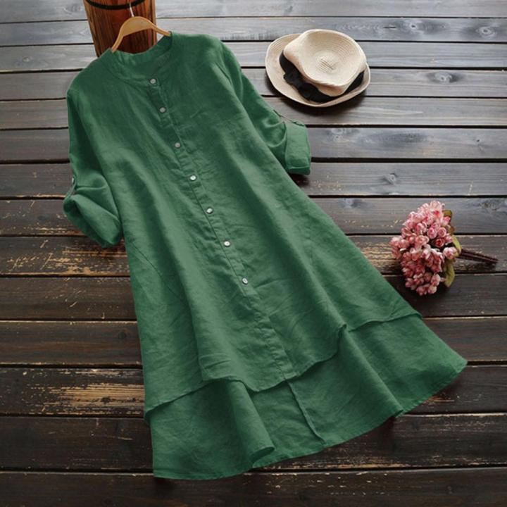Women Casual Loose Linen Soild Button Long Sleeve Long Shirt Blouse Tops