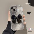 3D Wavy Curved Edge Art Ink Case Compatible For iPhone 11 13 XR 14 12 Pro Max 8 7 6 6s Plus X XS Max SE 2020 Cute Bowknot Back Cover with Bracket Phone Stand.