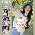Western Style Contrast Color Short Sleeve Shoulder T T-shirt Women's Unique Design Sense Niche Korean Sweet Top with Jeans Summer.