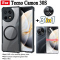 3 in 1 Tecno Camon 30S Shockproof Phone Case With Magnetic Wireless Charging Sticker +Full Coverage Tempered Glass Screen Protector +Lens Film. 