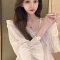 Ruffled Chiffon Shirt for Women Spring and Autumn New French Style Large Size Loose Slimming Slim-Fit Younger V Collar Pullover Top.