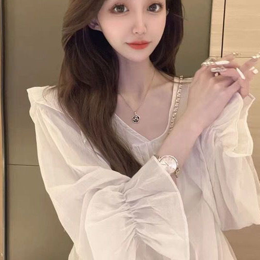 Ruffled%20Chiffon%20Shirt%20for%20Women%20Spring%20and%20Autumn%20New%20French%20Style%20Large%20Size%20Loose%20Slimming%20Slim-Fit%20Younger%20V%20Collar%20Pullover%20Top%20-%20Image%203