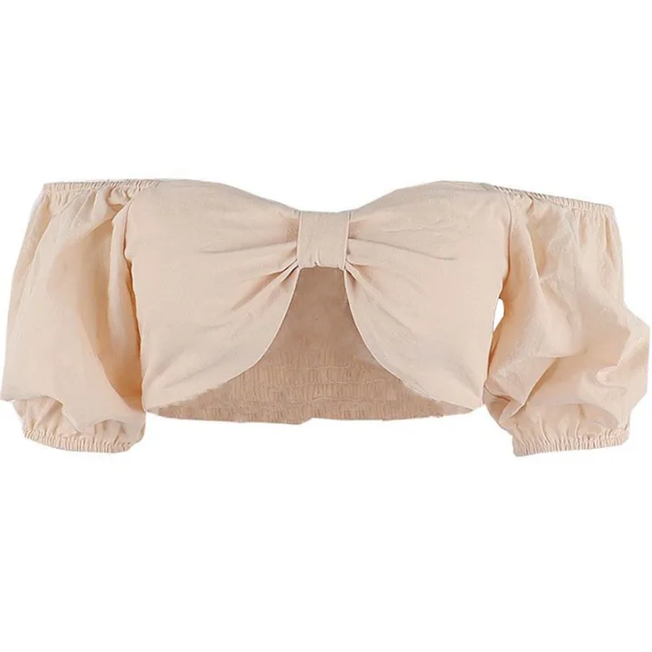 Women%20off%20Shoulder%20Tops%20Charming%20Solid%20Color%20Short%20Puff%20Sleeve%20Bowknot%20Slim%20Fit%20Summer%20Crop%20Tops%20-%20Image%207