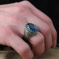 Turkish Handmade Vintage Ring for Men Blue Stone Seal Islamic Muslim Jewelry Ring.