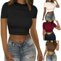 2023 New Summer European and American Women's Foreign Trade Top Fashion crop crop solid color round neck slim short sleeve T-shirt.