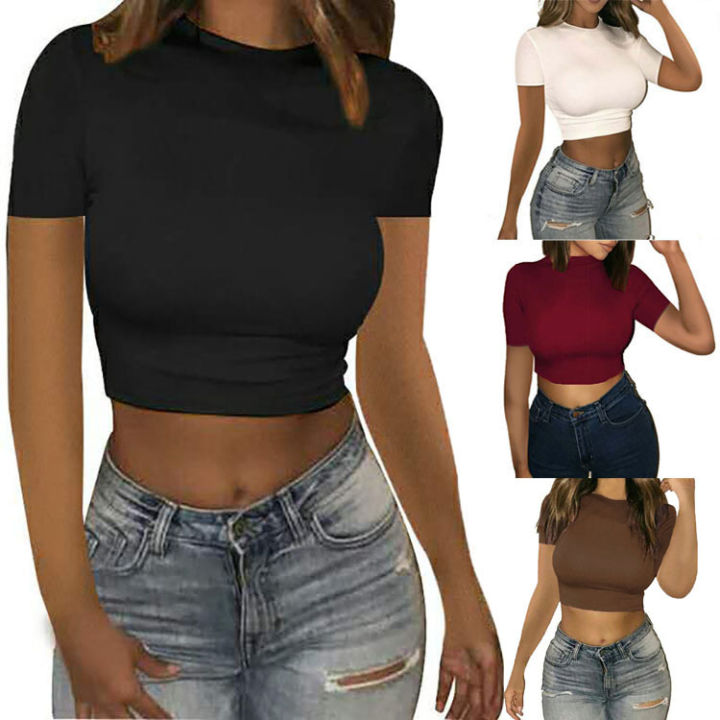 2023 New Summer European and American Women's Foreign Trade Top Fashion crop crop solid color round neck slim short sleeve T-shirt