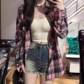 American Retro Autumn Long Sleeve Plaid Shirt Women Spring and Autumn Fashion Brand Sweet Cool College Style polo Collar Shirt Coat. 