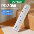 UGREEN 30W Extension Socket Fast Charger UK Plug with 3 AC Outlets 2 USB-A 1 USB-C Ports Power Strip for iPhone 15 Samsung Galaxy S24.