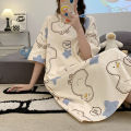 Pajamas Women's Summer Knitted Cotton Nightdress High-End Mid-Length Loose Large Size Korean Style Cute Dress Home Wear. 