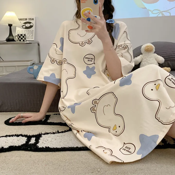 Pajamas%20Women's%20Summer%20Knitted%20Cotton%20Nightdress%20High-End%20Mid-Length%20Loose%20Large%20Size%20Korean%20Style%20Cute%20Dress%20Home%20Wear%20-%20Image%204