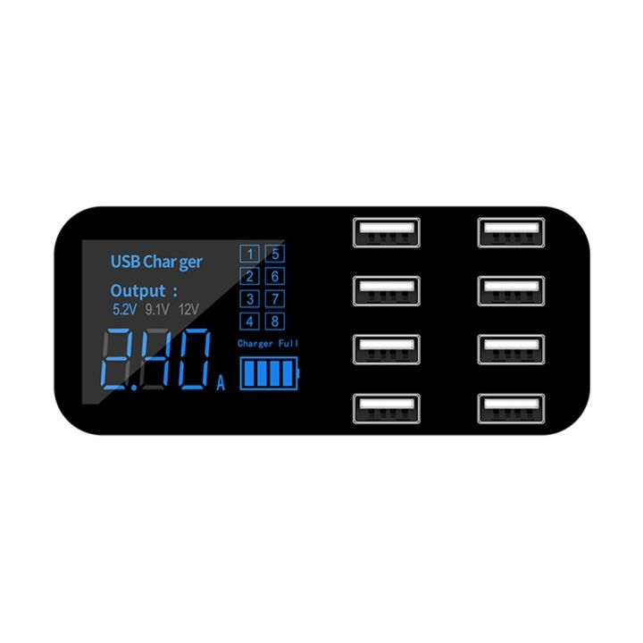 A9S Fast Car Charger 8 Port Multi USB LCD Display 12V Phone Charger USB Hub for Phone Tablets DVR - black