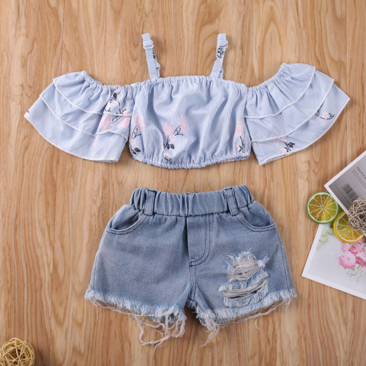 2PCS%20Baby%20Girls%20Off%20Shoulder%20T-shirts%20Tops+%20Denim%20Shorts%20Outfits%20AU%20-%20Image%209