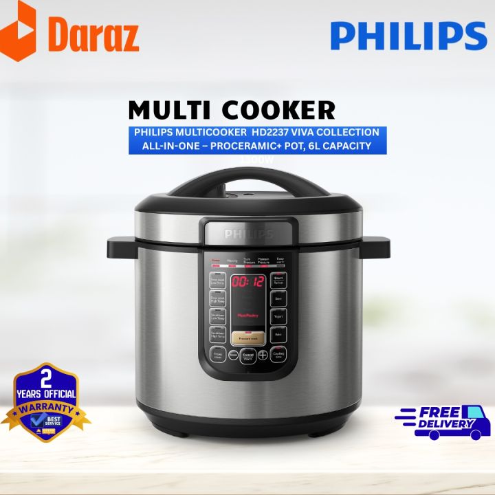 Philips Multicooker HD2237 Viva Collection All-in-One – ProCeramic+ Pot, 6L Capacity, 1300W, 7 Pressure Cooking Modes, Slow Cook, Saute/Sear, Multi-Cook Programs, Automatic Keep Warm for 12 Hours