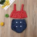 0-2T Summer Baby Clothes Set for Newborn Girls Outfits 2pcs Dot Suspender Top+Denim Bloomers Toddler Kids Infant Clothing Set. 