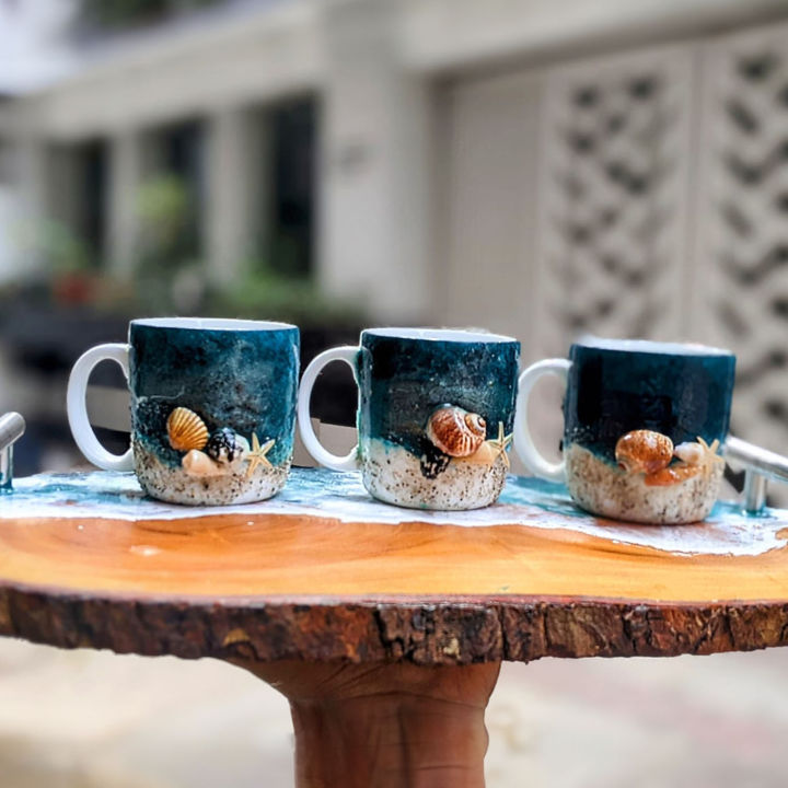 16 Inch Resin Ocean tray with 3 Pcs Mug Art