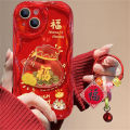 Cute Red Lucky Bag Doll Bracket Cream Phone Case For iPhone 15 Pro Max 14 Pro 13 11 With Bell Bracelet New Year Gift Cover. 