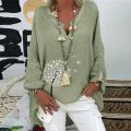 Plus Size Shirt Cotton Linen Loose Long Blouse Women Casual Long Sleeve Floral Print Loose V-neck Shirt Top Blusa Chemise Mujer. 