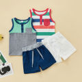 2 Pcs Newborn Casual Outfits, Baby Boys Contrast Color Round Neck Tank Tops with Pocket + Drawstring Shorts 0-3T. 