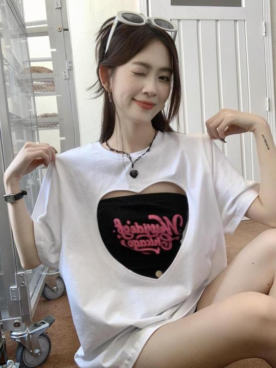 Calolay%20Sweet%20Hot%20Girl%20Hollow%20Heart%20Short%20SleeveTT-shirt%20Women's2022Summer%20New%20Korean%20Style%20Mid-Length%20Loose%20Top%20-%20Image%205