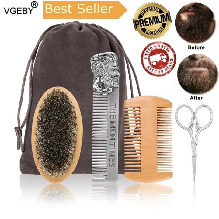 Professional Wood Beard Comb Set Double Beard Oil Head Shape Beard Comb Brush Care Beard Oil Tool Beard Comb Set With Bag