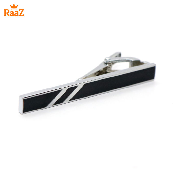 Black Silver Vertical Stripe Brushed Steel Tie Clip for Men