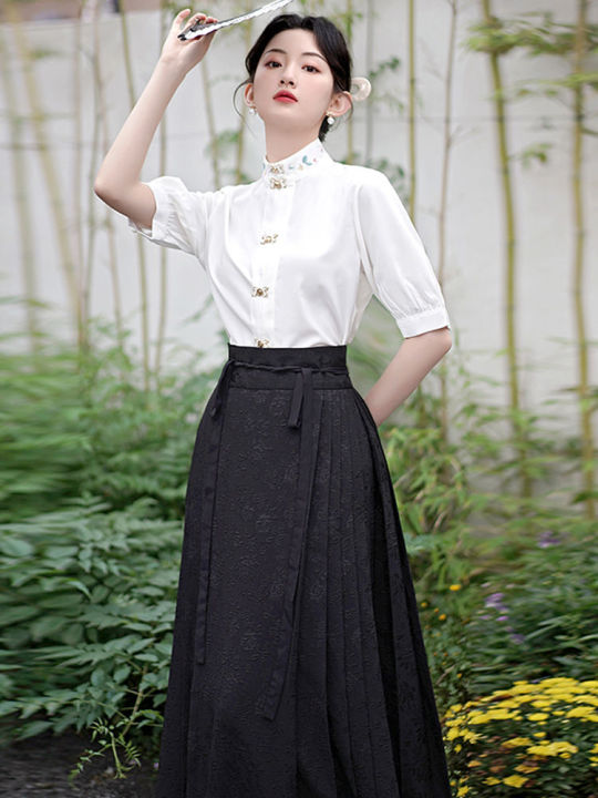 New%20Chinese%20Style%20Jacquard%20Horse-Face%20Skirt%20Improved%20Hanfu%20Women's%20Clothing%20Summer%20New%20Han%20Elements%20Daily%20Long%20Skirt%20Suit%20-%20Image%204