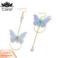 Sweet Women Butterfly Gauze Circle Faux Pearl CZ Long Dangle Asymmetric Earrings. 