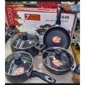 Kiam Non-Stick 7 Pcs Cookware Set With Free Non Stick Spoon - Black  ( 24cm Casserole + 24cm Frypan + 22cm Karai + 18cm Milk Pan Including Glass Lid ). 