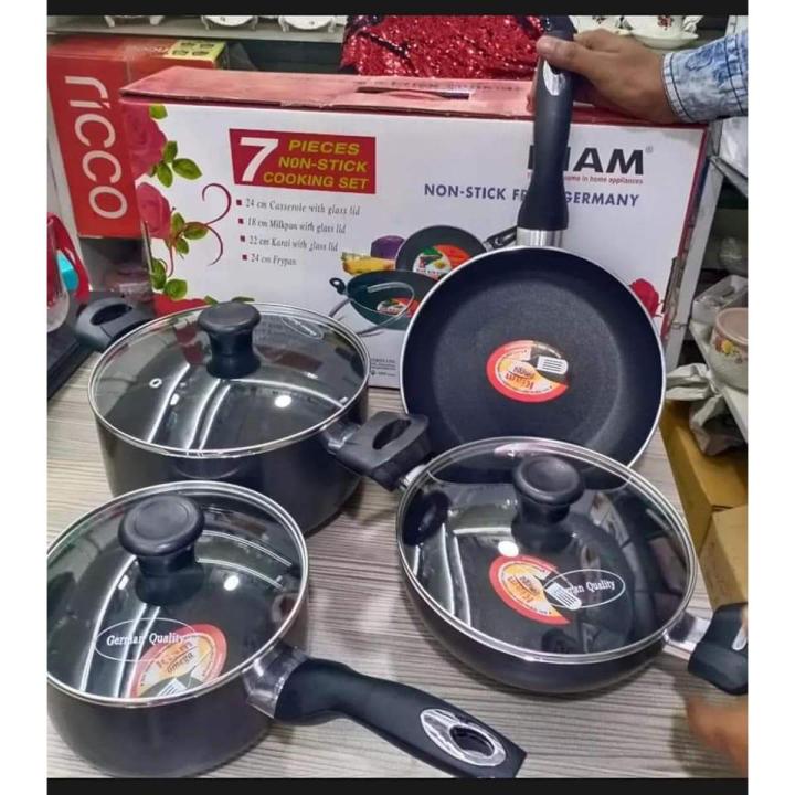 Kiam Non-Stick 7 Pcs Cookware Set With Free Non Stick Spoon - Black  ( 24cm Casserole + 24cm Frypan + 22cm Karai + 18cm Milk Pan Including Glass Lid )