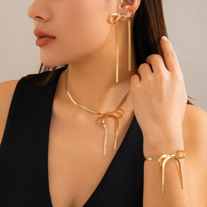 Fashion Simple Bow Gold Earrings Necklace Bracelet Set for Women Personality Trend Party Dinner Jewelry Set Accessories