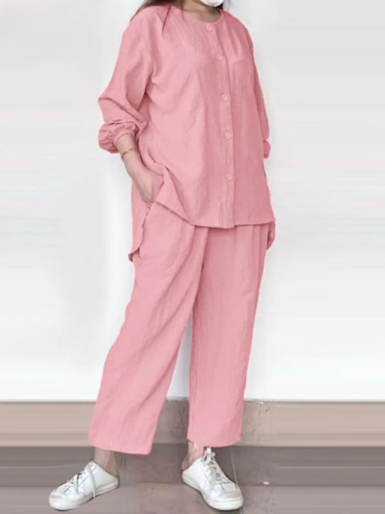 Women%20Fashion%20Pants%20Sets%20Summer%20Long%20Sleeve%20Shirt%20Casual%20Solid%20Trousers%20Suits%20Loose%20Tracksuit%20Outi%20fits%202PCS%20Matching%20Sets%20-%20Image%206