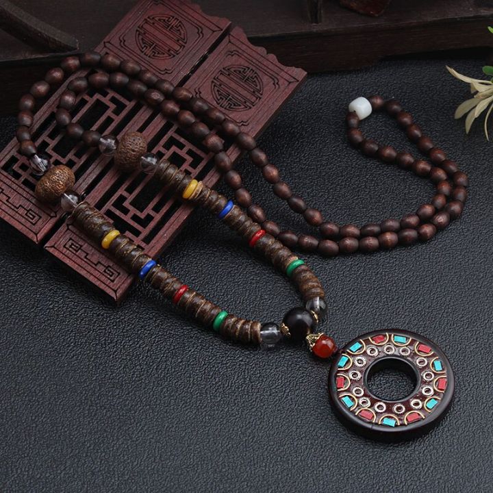 Handmade Vintage Ethnic Round Nepal Buddhist Mala Necklace Wood Beads Statement Pendants Necklace Women men Jewelry