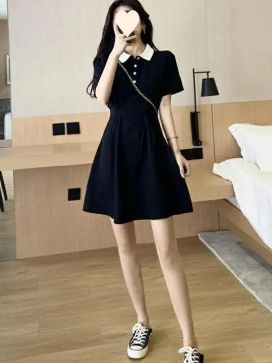 Black%20Dress%20French%20Style%20Women%20Waist%20Shaping%20Polo%20Collar%20Waist%20Connector%20Mini%20Personality%20Frock%20Summer%20College%20Leisure%20Style%20-%20Image%205