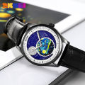 Skmei Fashion Sunstrip Simple Scale Watch Sun Moon Star Waterproof Quartz Watches For Men  Luxury Leather Man Wristwatches 2115. 