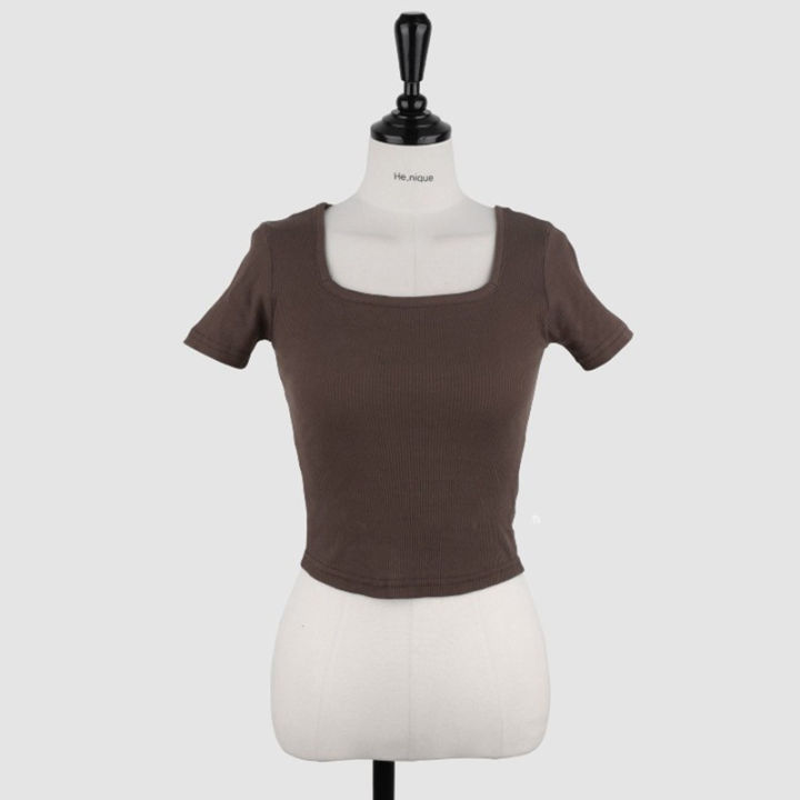 6%20Color%20Selection%20~%20Square%20Collar%20Skinny%20Slimming%20Short%20Short%20Sleeve%20T%20T-shirt%20Women's%20Top%20Show%20Waist%20Korean%20Style%20Pure%20Desire%20Style%20Slim%20Fit%20Slimming%20-%20Image%208